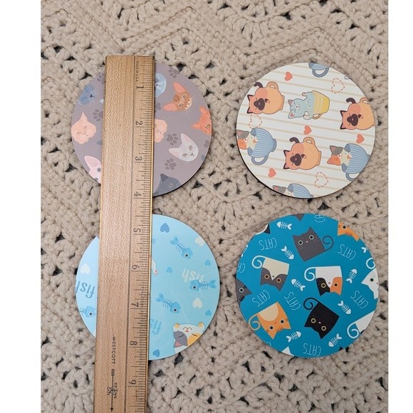 Cat Kitten Round Coaster Set of 4 Blue Purple Cream Multi Pattern New in Box - Picture 3 of 3